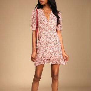 NWT Lulu's Send a Sonnet Pink Floral Print Ruched Short Sleeve Mini Dress Size M